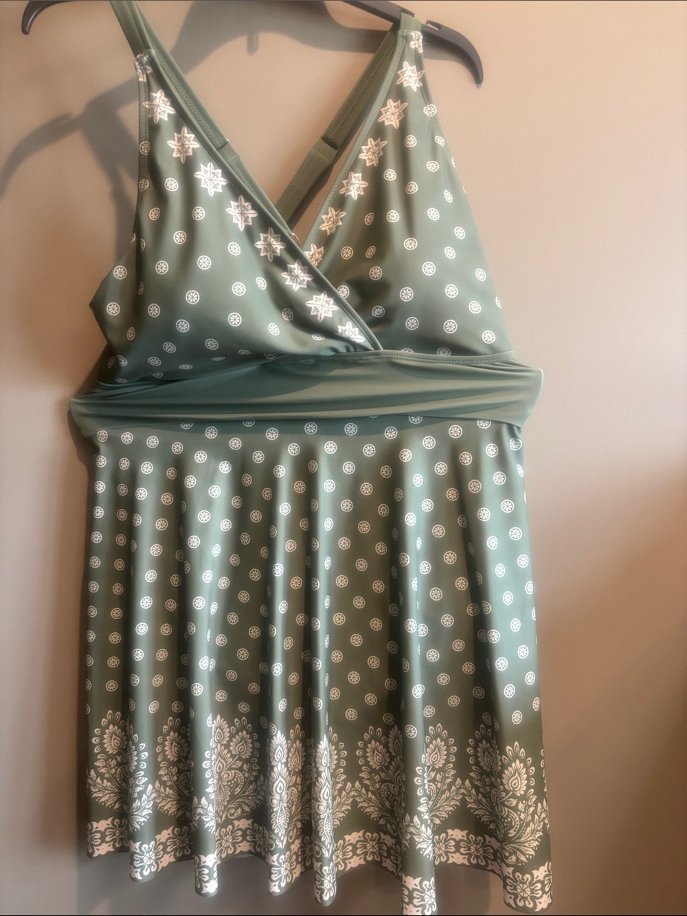 BloomChic Olive Green Printed Swim Suit Dress with White Motif